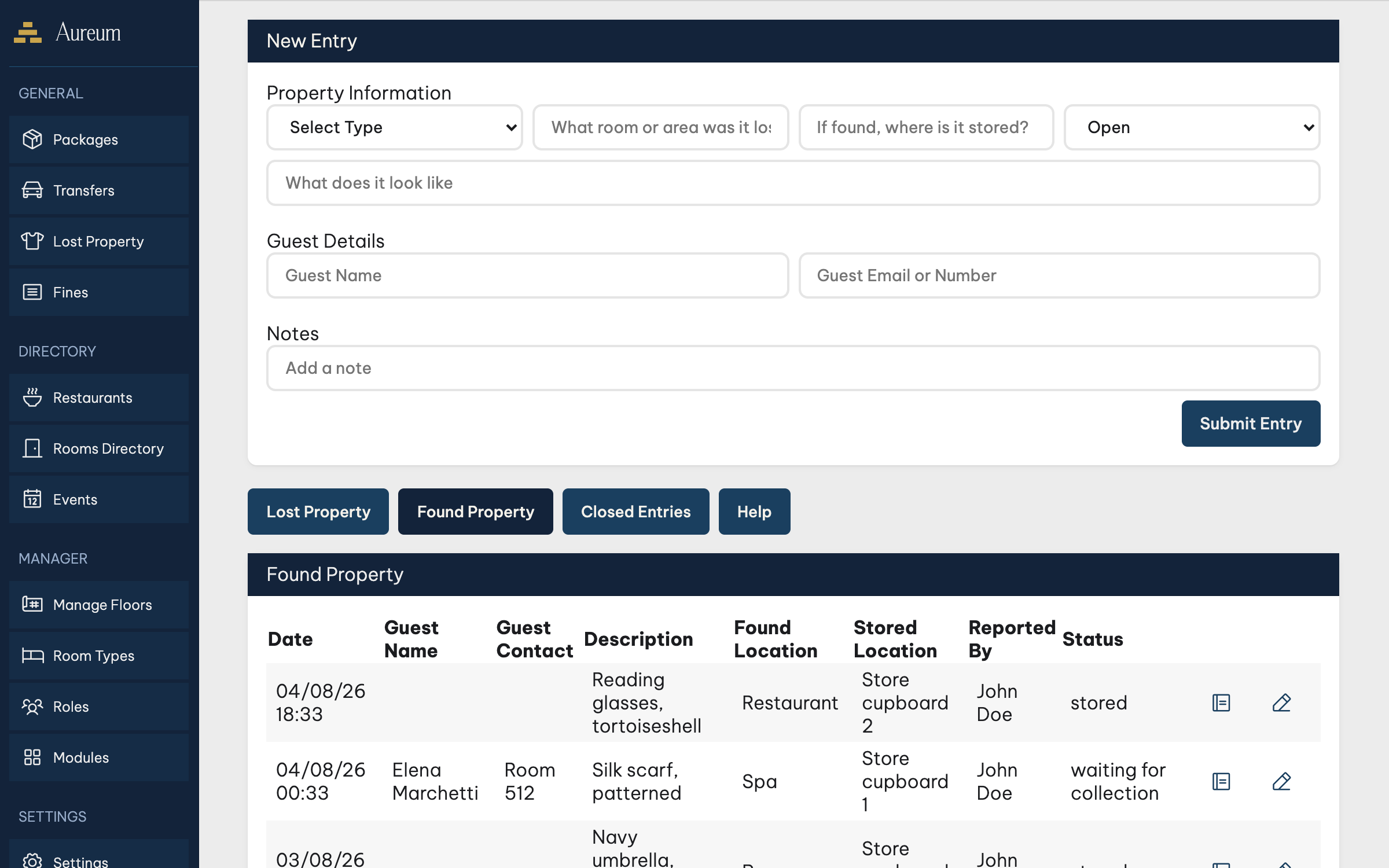 The Lost Property module — found items with stored location and status