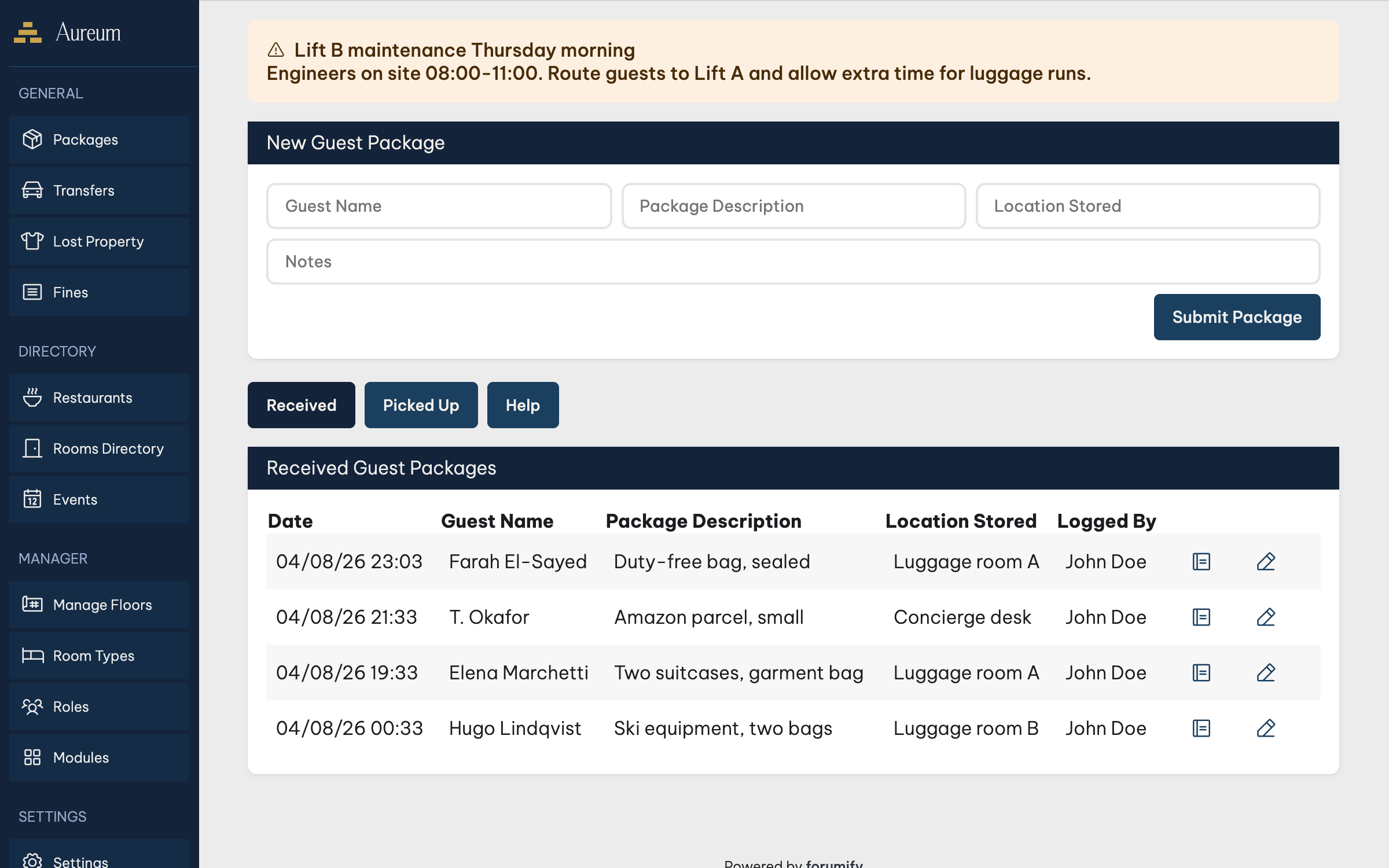 The Packages module — received guest packages logged with location and status