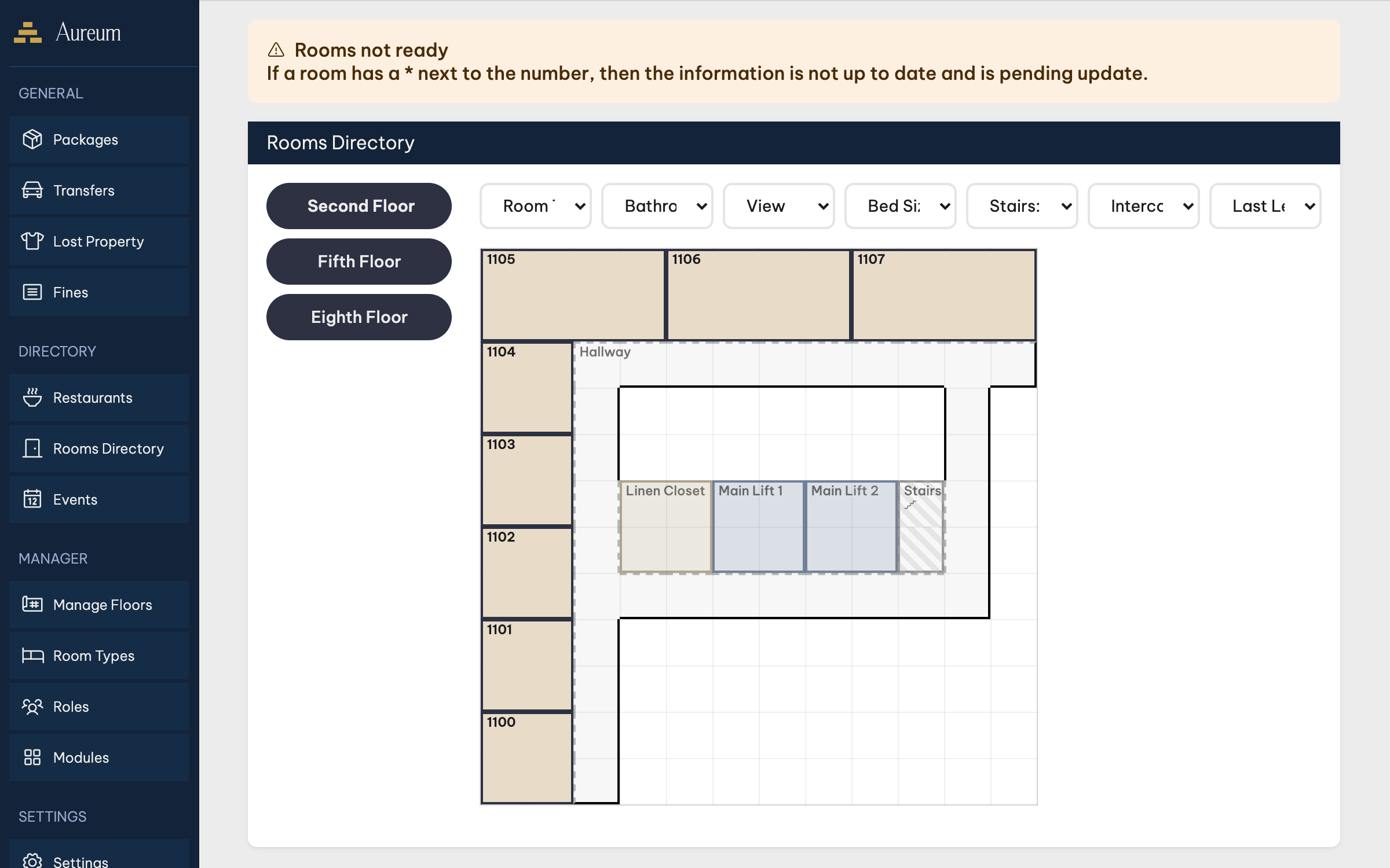 The Rooms Directory — floor plans with rooms filterable by type, bed, view and bathroom