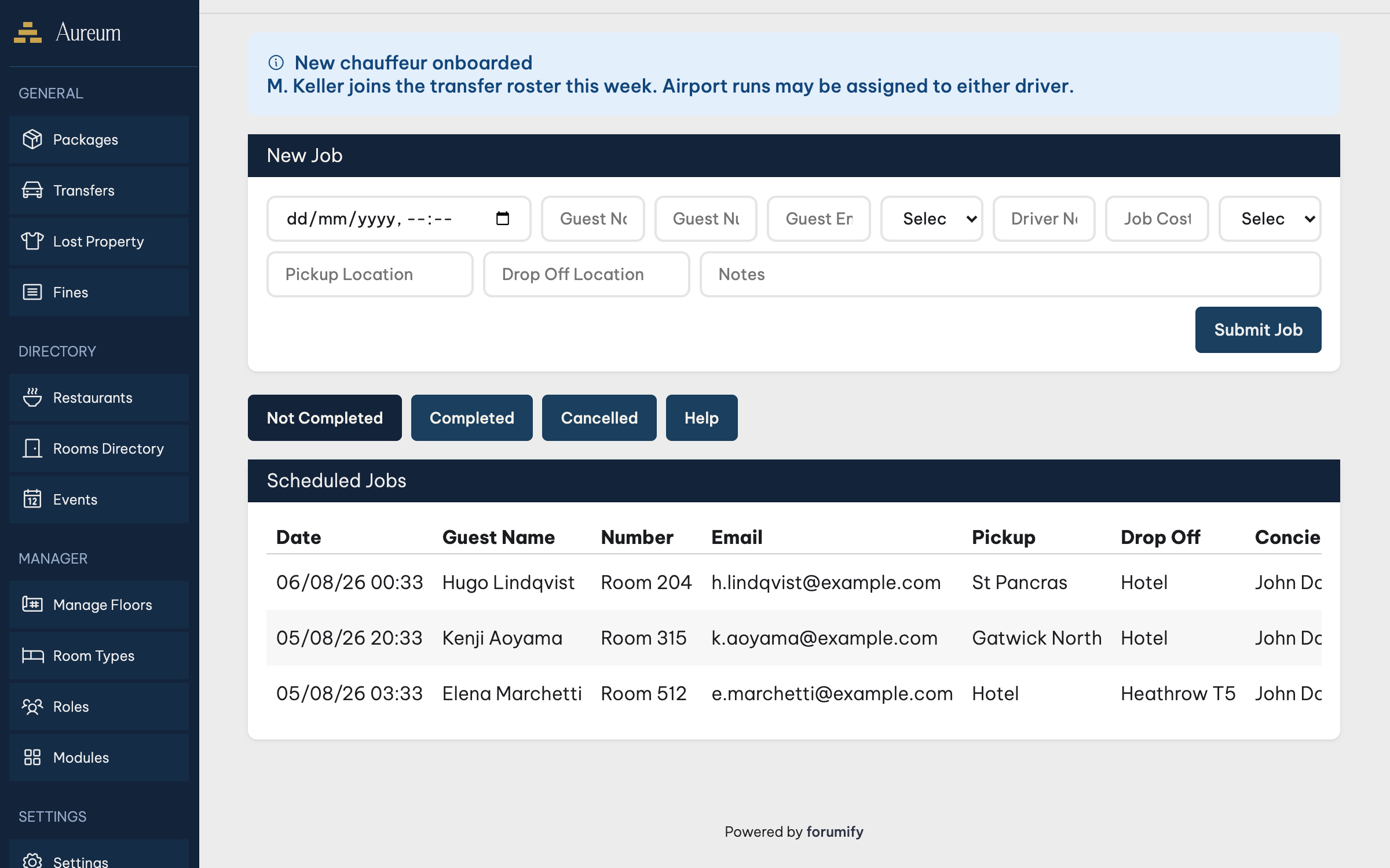 The Transfers module — scheduled chauffeur jobs with pickup, drop-off and status